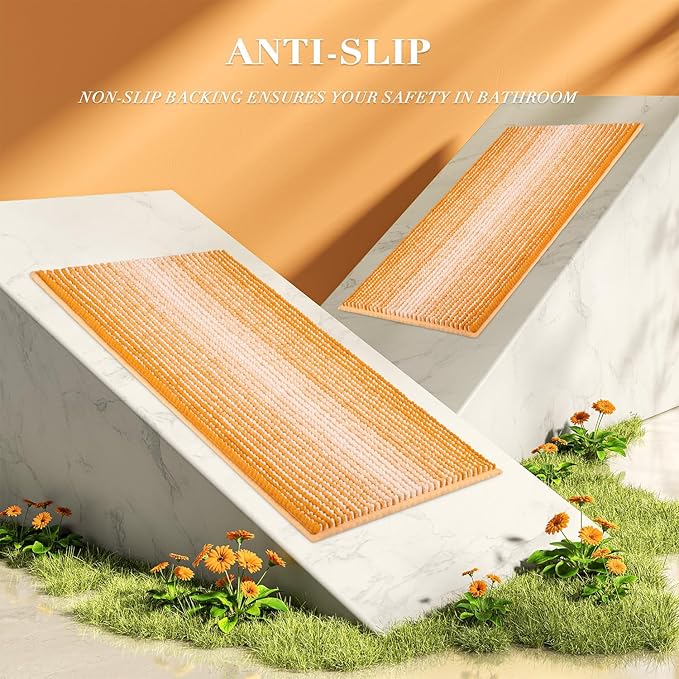 BSICPRO Bathroom Rugs and Mats Sets, 2 Piece Thick Absorbent Chenille Non Slip, Soft Shaggy Floor Mats, Machine Washable (Buff Orange, 20" x 47" Plus 16" x 24")