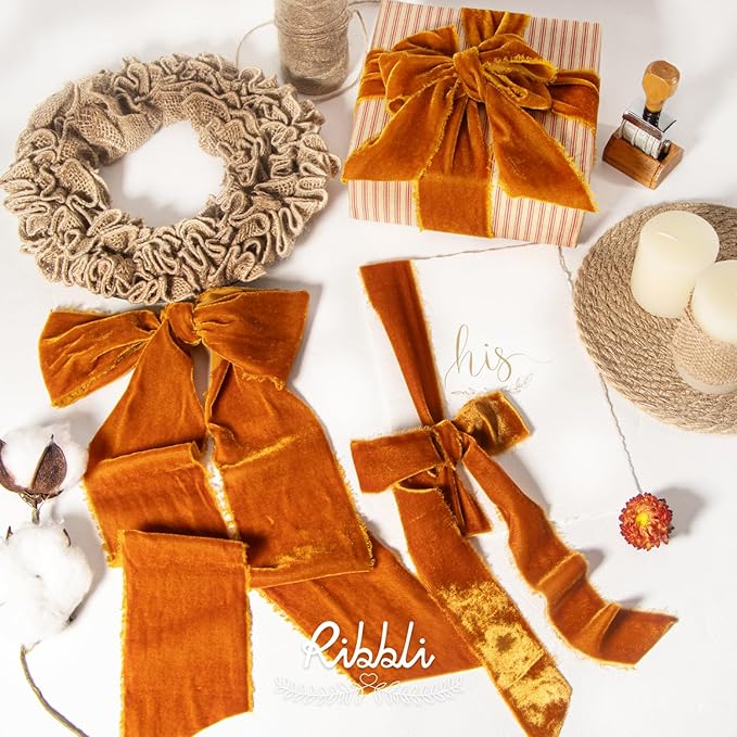 Ribbli Terracotta Velvet Ribbon 1.5 Inch Handmade Frayed Vintage Burnt Orange Christmas Ribbon for Gift Wrapping Tree Ornament Wreath Craft Home Decor -Total 3 Yards with Wooden Spool