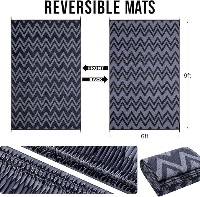 OLANLY Waterproof Outdoor Rug 6x9 ft Clearance, Reversible Outdoor Plastic Straw Rug, RV Mat, Indoor Outdoor Carpet for Patio, Camping, Balcony, Deck, Backyard, Black & Grey