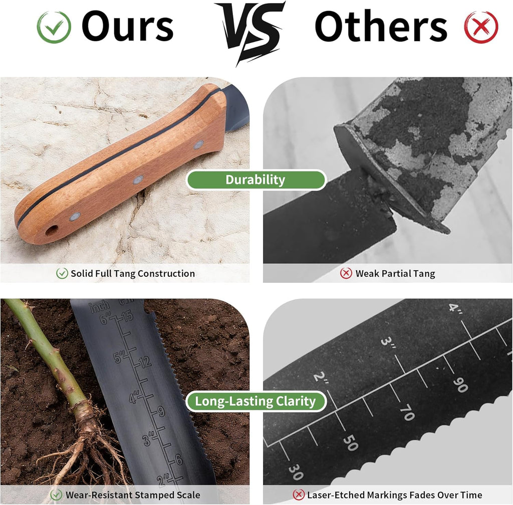 YANG Hori Hori Garden Knife, 7" Stainless Steel Gardening Knife with Oxford Cloth Sheath, Full Tang Beechwood Handle EDC Garden Tool for Dividing Plants & Weeding, Forked Tip for Transplanting