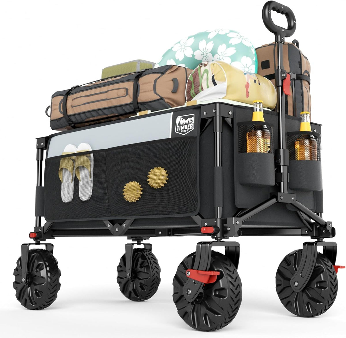 Timber Ridge Outdoor Collapsible Wagon with Brakes Utility Folding Cart Heavy Duty All Terrain Wheels for Shopping Camping Garden with Side Bag and Cup Holders, Grey