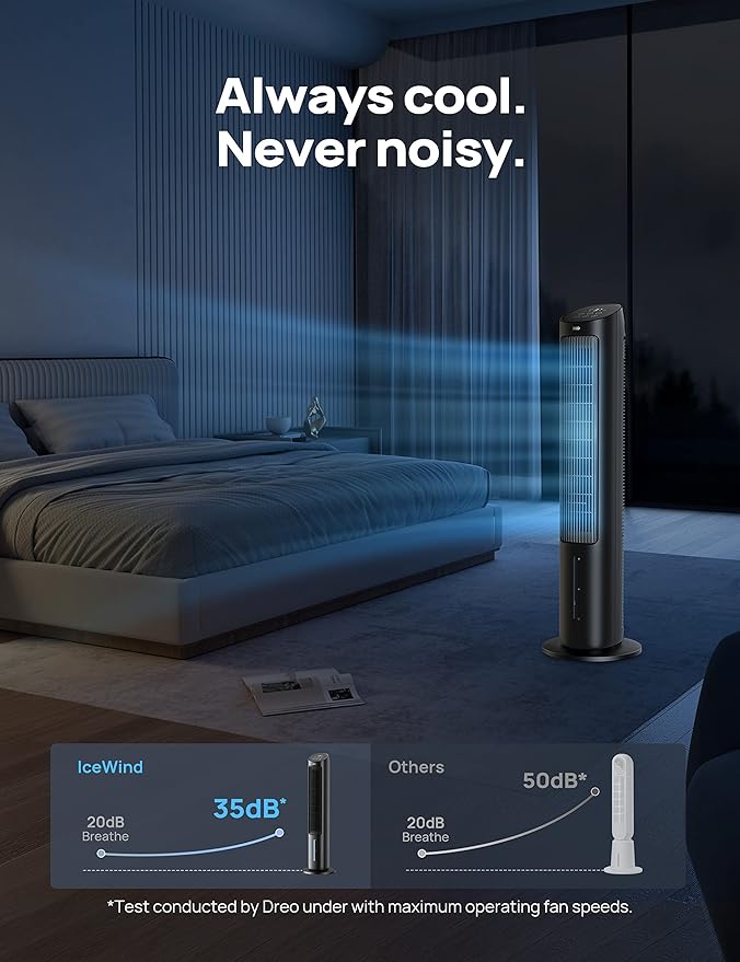Dreo Evaporative Air Cooler, 40” Standing Fans that Blow Cold Air, 80° Oscillating Bladeless Cooling Fan for Bedroom, Swamp Cooler, Removable Water Tank, Ice Pack, Remote, 3 Mode 4-Speed, Black