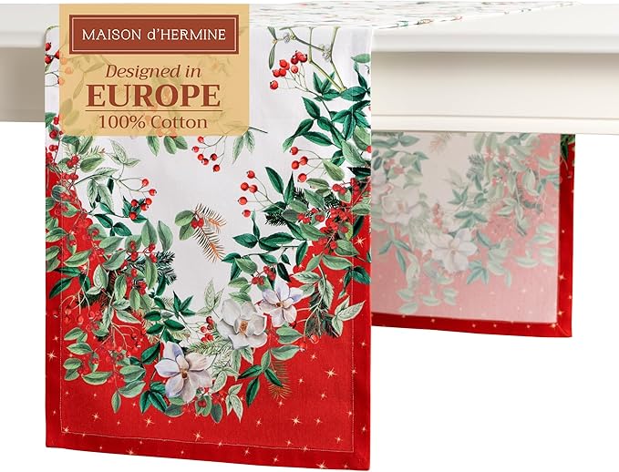 Maison d' Hermine Table Runner 100% Cotton Single Layer Table Runners 72 inches Long for Thanksgiving Christmas Decorations Home Kitchen Dining Party Wedding (Noel, 14.5" x 72")