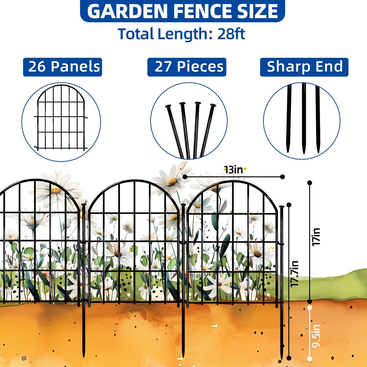 26 Pack Decorative Garden Fence, 22in X 28ft Arched No Dig Fence Border, Garden Edging Border, Rustproof Metal Animal Barrier with Ground Stake for Dog, Rabbit, Outdoor Yard Patio Decor
