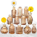 Bud Vases Set of 12, Amber Vase Small Glass Vases for Flowers Modern Ribbed Amber Glass Bud Vase for Decor Flower Vase in Bulk Vintage Decor Boho Wedding Centerpieces Rustic Home Table Decoration