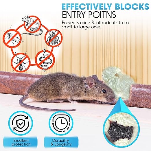 [Upgraded] Rodent Barrier Kit, 2Pcs Steel Wool Included 2Pcs PU Spray Foam for Mice Control, 3.2"x7.5’ Rodent Control Fill Fabric, Gloves, Scissors, Gap Blocker in Hole Pipeline Vent in House, Garage