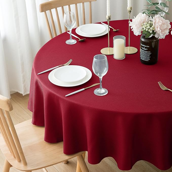Biscaynebay Round Christmas Tablecloths 60" for Round Tables diameters from 28" to 48", Red Textured Fabric Water Resistant Folding Table Covers Washable for Dining, Kitchen, Wedding, Parties