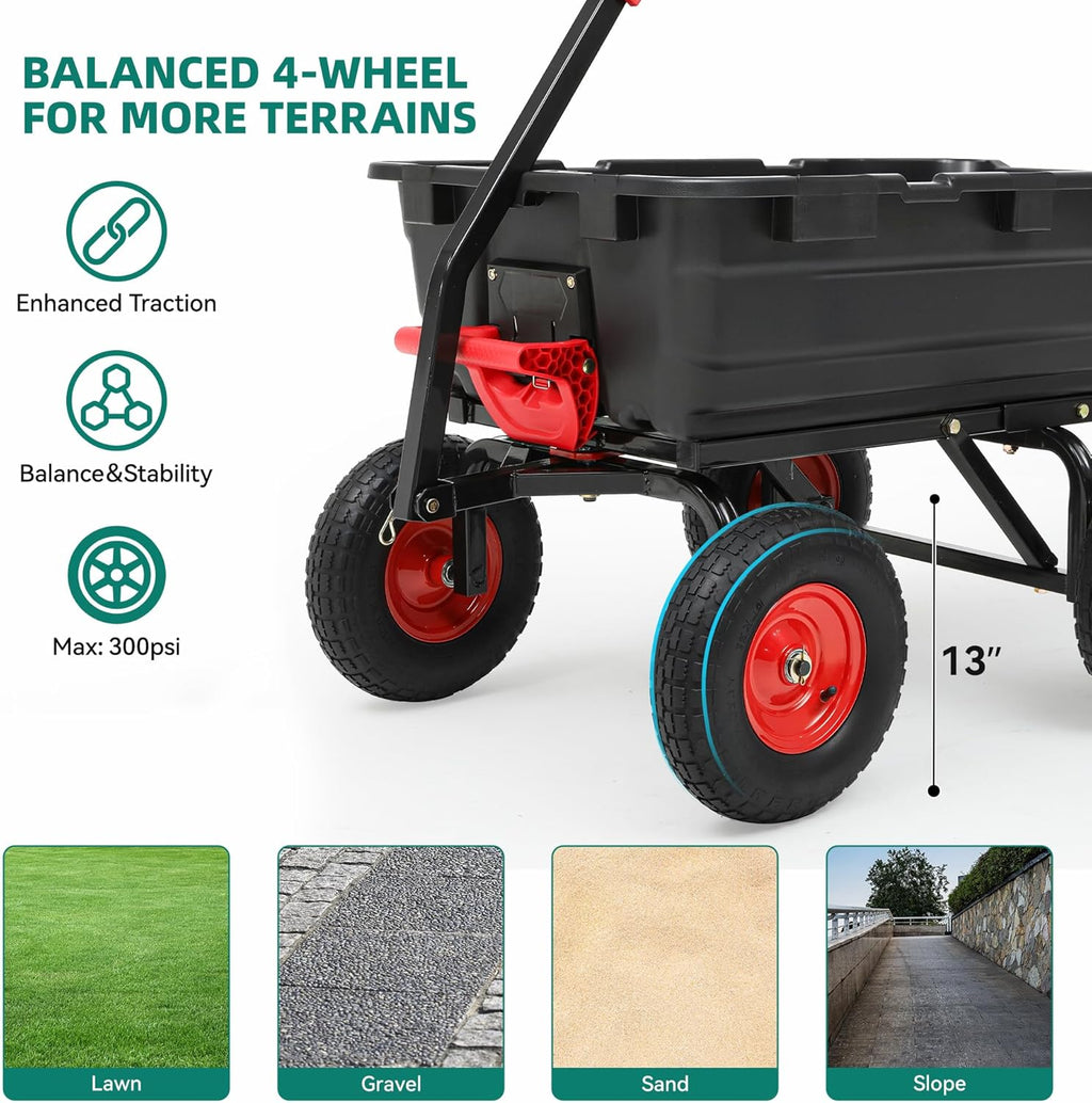 1200lbs Garden Dump Cart,7 Cu.Ft Utility Wagon Cart with Hitch,Heavy Duty Yard Dump Wagon Wheelbarrows with 13" All Terrain Wheels & 2-in-1 Handle,Tow Behind for Lawn Mower Tractor ATV