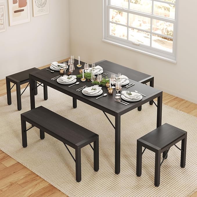 Gizoon 63" Dining Room Table Set for 6, Kitchen Table with 2 Benches and 2 Stools, Dining Table Set with Metal Frame, Space-Saving Kitchen Table Set for Apartment, Black