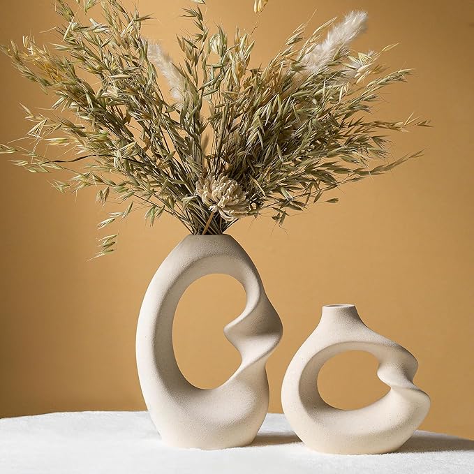 Modern White vase Set of 2,Pampas Grass Ceramic vases for Wedding Party,Aesthetic Flower Vase for Home Decor,Kitchen Tables,Living Room,Bedroom,Console,Wooden Shelf,Office,Coffee Decoration(2 Pcs)