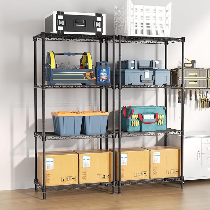 4 Tier Adjustable Storage Shelves,Heavy Duty Metal Utility Shelf 600LBS Capacity,Wire Shelving Unit Organizer Rack for Home Kitchen Office BathroomM Pantry Room 12" D x 22" W x 43.5" H Black