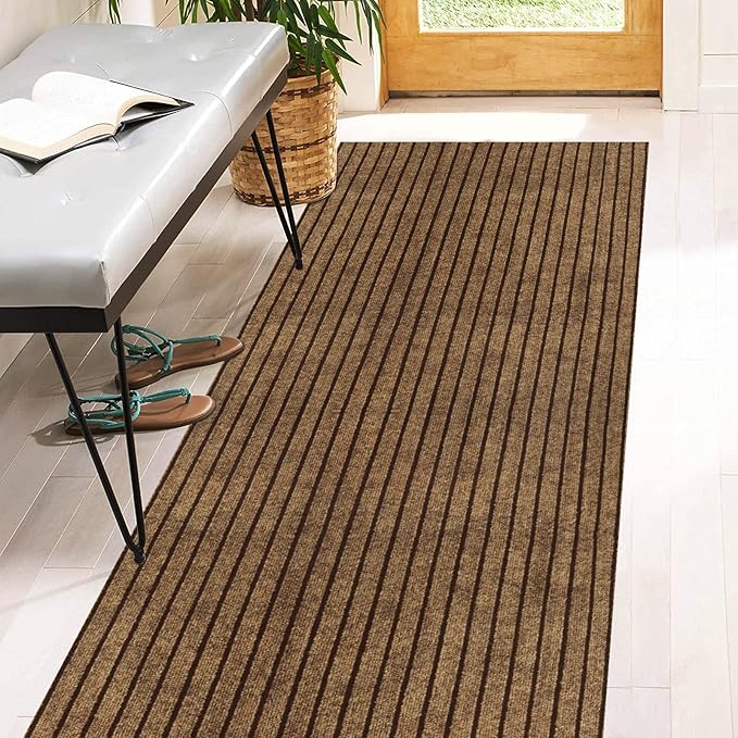 2' x 71' Runner Rugs with Rubber Backing, Indoor Outdoor Utility Carpet Runner Rugs, Stripe Brown, Can Be Used as Aisle for The RV and Boat, Laundry Room and Balcony