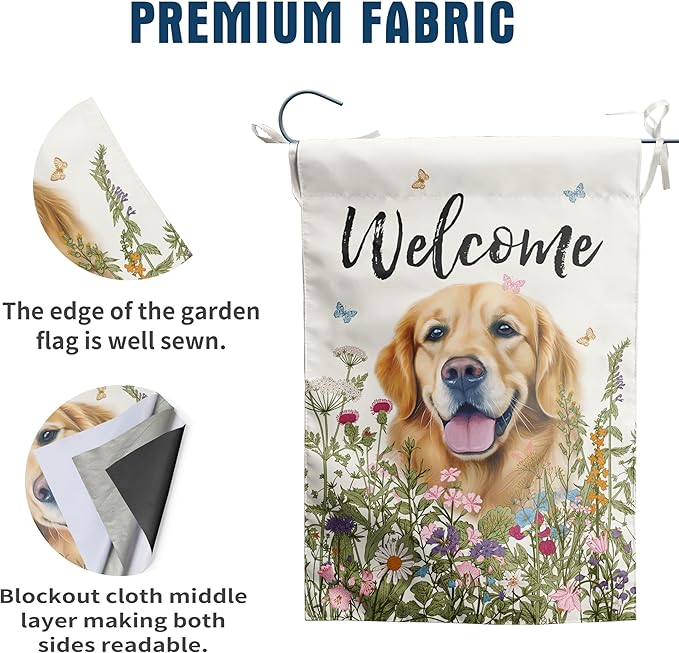 Spring Summer Garden Flag Floral Golden Retriever Yard Flag Flower Dog Garden Flags for Outside Small Outdoor Welcome Flags 12x18 Double Sided