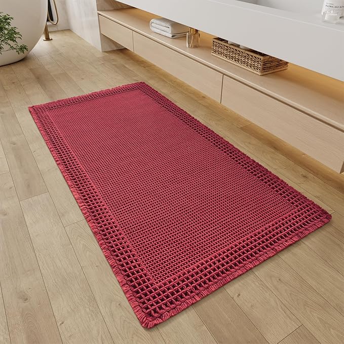 RESARE Waffle Bathroom Runner Rugs, Super Absorbent Bath Mat Non Slip Washable Quick Dry, Upgraded Ultra Soft Boho Bath Rugs with Tassels for Hallway Bedroom Laundry Room, 2'x4'(24"x48"), Red
