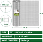HOPERAN Hardware Cloth 1/2 Inch 36 x 100 ft - 19 Gauge Chicken Wire Fencing, Galvanized Wire Mesh Roll, Welded Wire Fence, Chicken Coop Wire Fence Gopher Wire Rabbit Wire Poultry Netting Cage