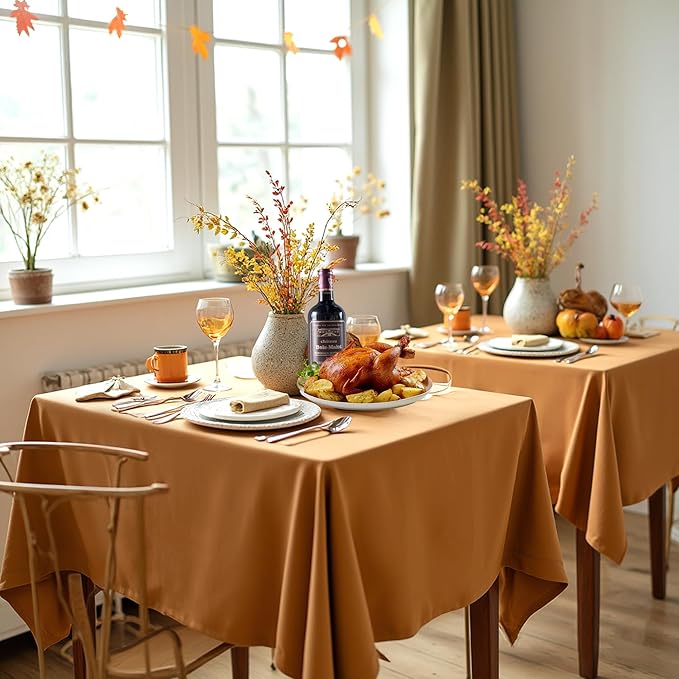 sancua Thanksgiving Square Tablecloths 60x60 Inch Bronze, 2 Pack - Fabric Fall Table Cloth for Square or Round Tables, Washable Polyester Table Cover for Dinner, Holiday Party, Display Tables