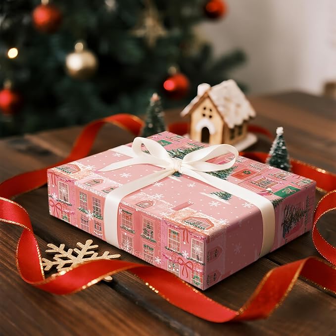LeZakaa Pink Christmas Wrapping Paper Roll for Girls Kids, Winter Street Scene Romantic Townhouse with Snowflakes for Holiday Gifts, Family Friends, Winter Wonderland, Mini Roll 17 in x 16.4 Ft