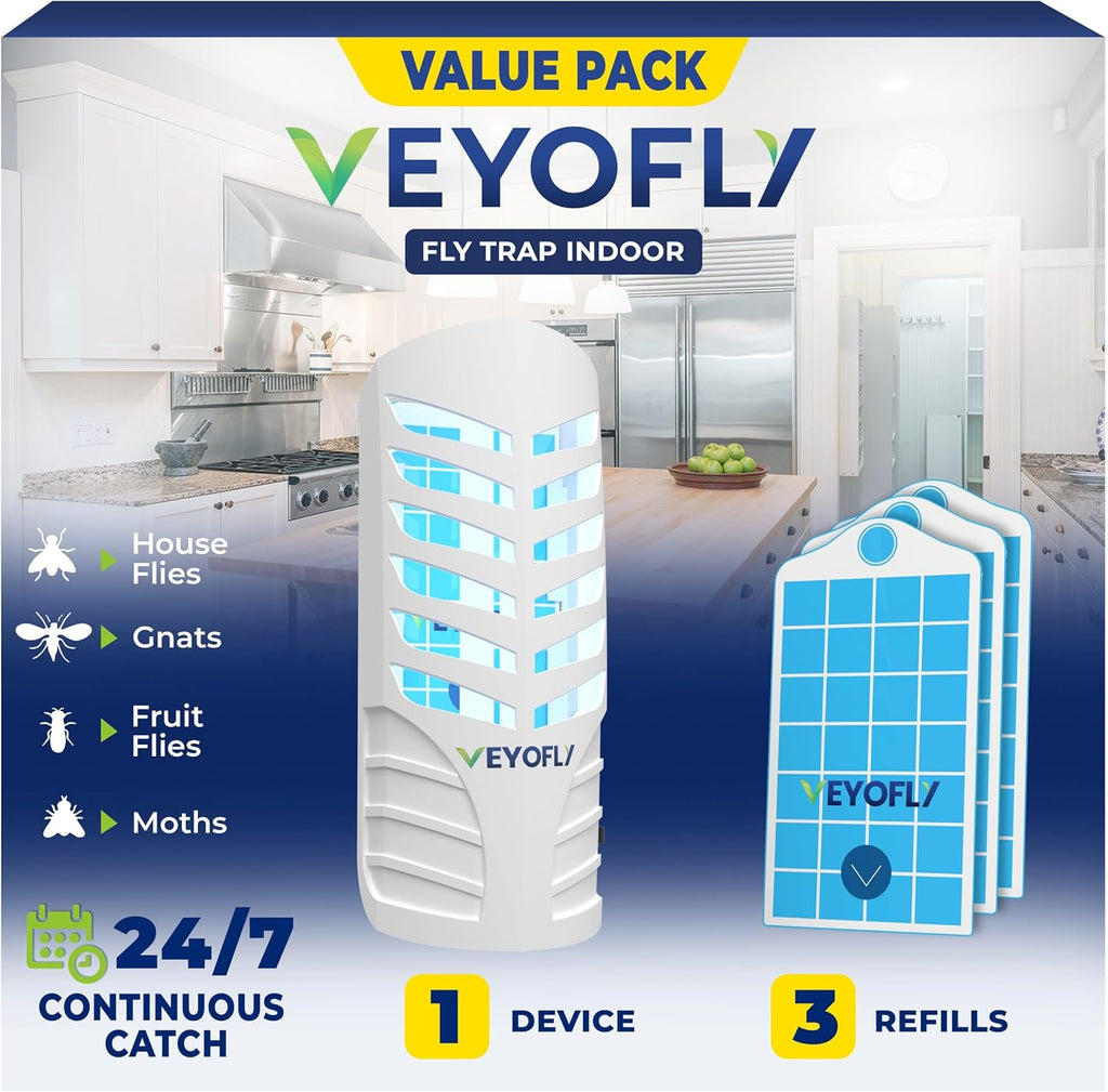 VEYOFLY Fruit Fly Trap Indoor (1 Device + 3 Refills), Gnat Catcher, Plug-in Light Insect Trap for House, Bug Killer