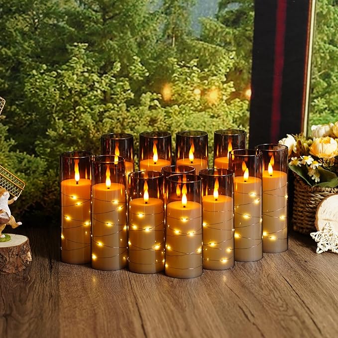 Flameless Candles with Embedded Star String - Battery Operated LED Candles, with Remote,12 Grey Flickering Candles for Christmas, Weddings, Home Decor & Party,(D 2.3"×H 5" 6" 7")