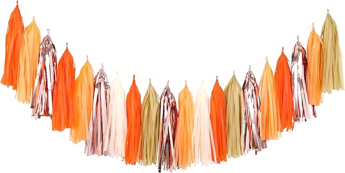 Fonder Mols Tissue Paper Tassel Garlands DIY Kit, Tassel Banner, Thanksgiving Decor, Rustic Little Cutie themed Baby Shower Decorations (Pack of 25pcs, Orange Tan Beige Rose Gold Mad Orange) A20