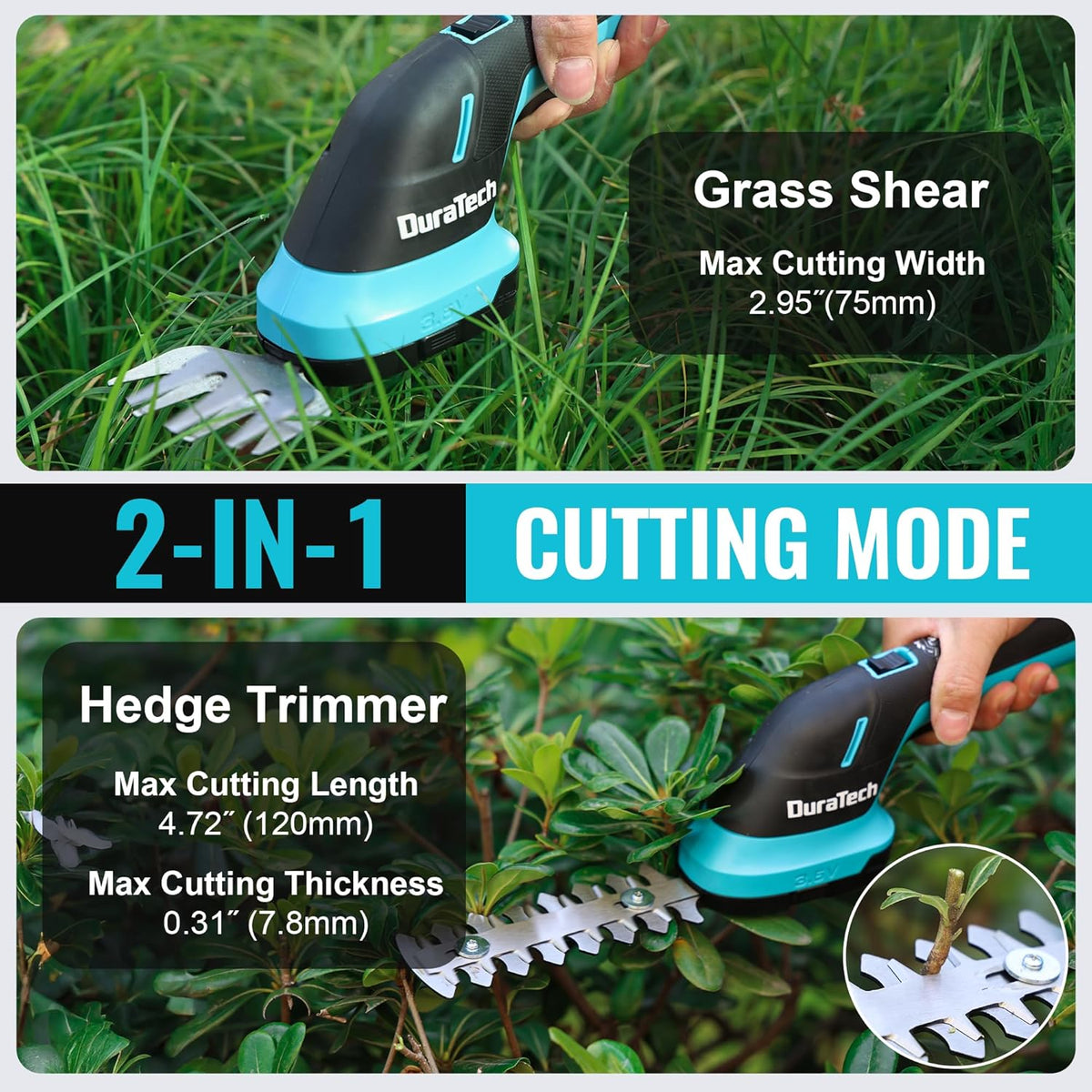 DURATECH Cordless Hedge Trimmer, 3.6V 2-in-1 Handheld Rechargeable Grass Trimmer & Hedge Shears with USB Type-C Cable, Built-in Li-ion Battery, Electric Shrub & Grass Shears for Garden, Yard and Lawn