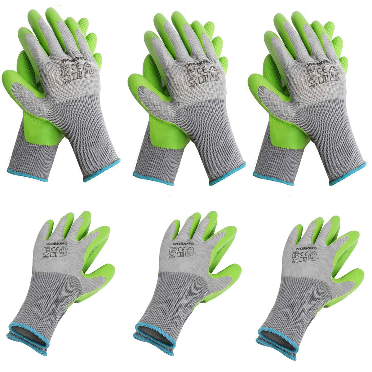 6 Pairs Eco Latex Palm Coated Garden Work Gloves by WORKPRO