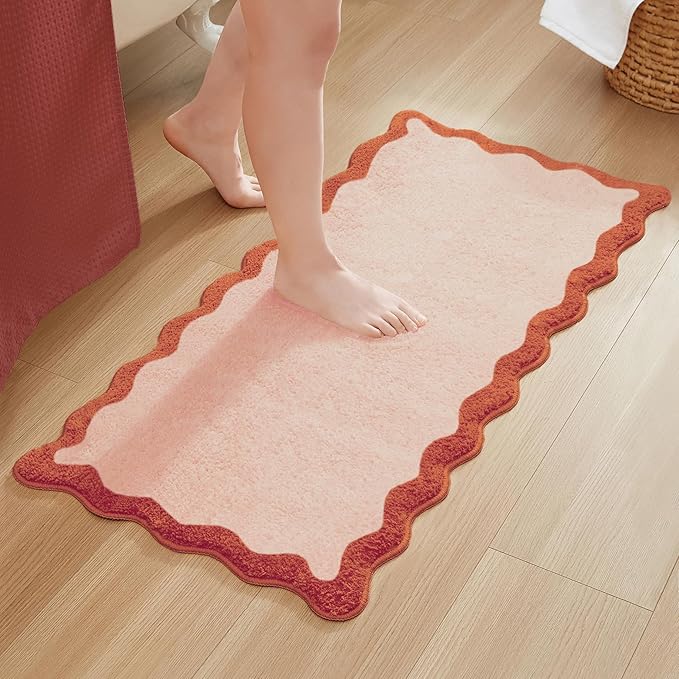 MONDAY MOOSE Bath Mat with Scalloped Wavy Ripple Design, Microfiber Absorbent Non Slip Tufted Rug for Floor, Shower or Kitchen (24x47 inch, Blush)