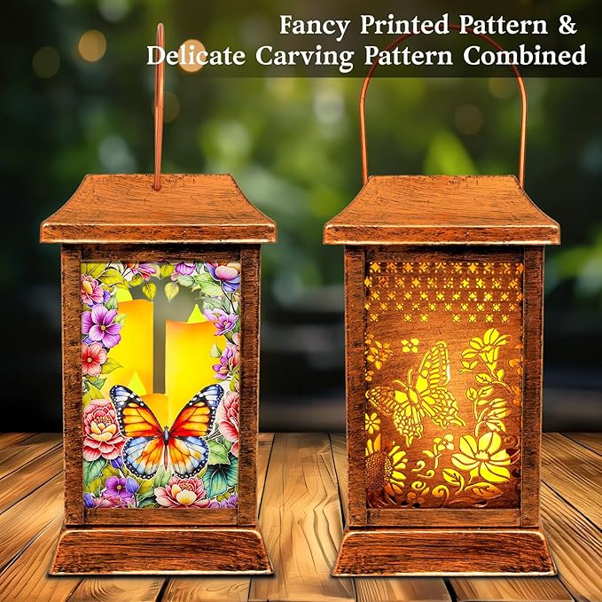 Butterfly Solar Lanterns Outdoor Waterproof, Metal & Glass Hanging Lights Garden Decor, Birthday Gifts for Women Mom Grandma Mothers Day, Decorative Lights for Outside Yard Patio Backyard Porch