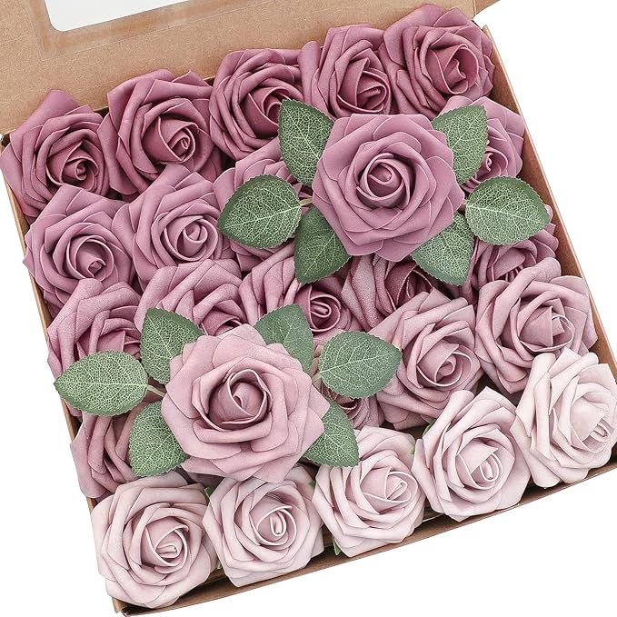 Floroom Artificial Flowers 25pcs Real Looking Mauve Ombre Colors Foam Fake Roses with Stems for DIY Wedding Bouquets Bridal Shower Floral Centerpieces Party Tables Home Decorations