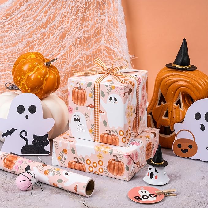 LeZakaa Pink Halloween Wrapping Paper Roll, Cute Ghosts Pumpkins Fall Florals in Pink Spooky Design Trick-or-Treat Gift Wrap for Girls, Kids, Soft Aesthetic Halloween Gifts, Mini Roll 17 in x 16.4 Ft