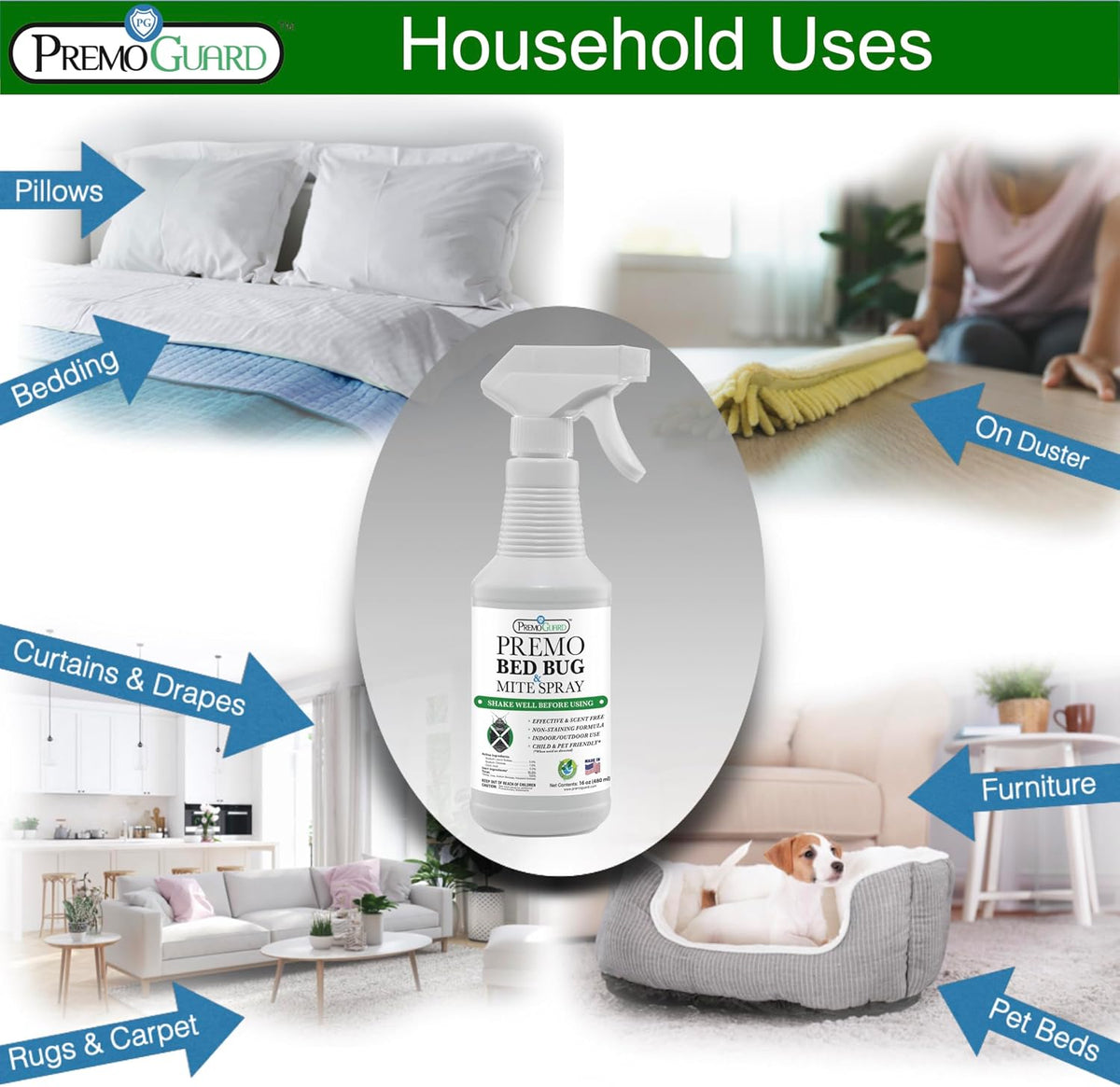 Premo Guard Bed Bug Killer Spray 16 oz - University Tested 100% Kill Rate - Natural Non Toxic, Stain & Scent Free - Kill Bedbugs & Mites On Bed & Blankets, Furniture, Clothing - Child & Pet Safe