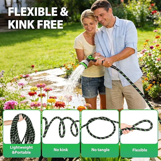 Garden Hose 75 ft Water Hose Flexible Non-Expandable Outdoor Heavy Duty Lightweight Leakproof Kink-free flex Watering Hose Pipe with Nozzle for 3/4 inch Fitting Yard Lawn Outside Car Wash