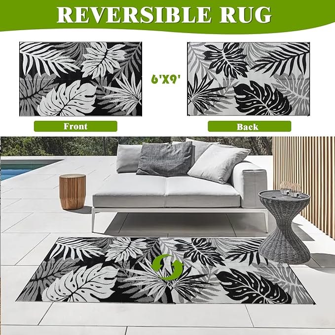 Outdoor Rug 6x9 ft Waterproof, Reversible Outdoor Plastic Straw Rug for Patios Clearance, Outdoor Area Rug Carpet RV Mat for Camping Backyard Deck Porch