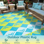 Beeiva Outdoor Rugs 9x12 for Patios, Waterproof Reversible Plastic Straw Patio Mat, Modern Geometric Foldable Outdoor Rug for Camping, Porch, Deck, Backyard, Balcony, Picnic - Blue & Yellow