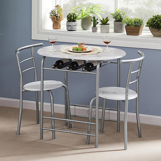 VECELO 3-Piece Dining Table Set for Kitchen Breakfast Nook, Wood Grain Oval Tabletop and Metal Frame with Built-in Wine Rack, for Small Spaces, 31.5", White & Silver