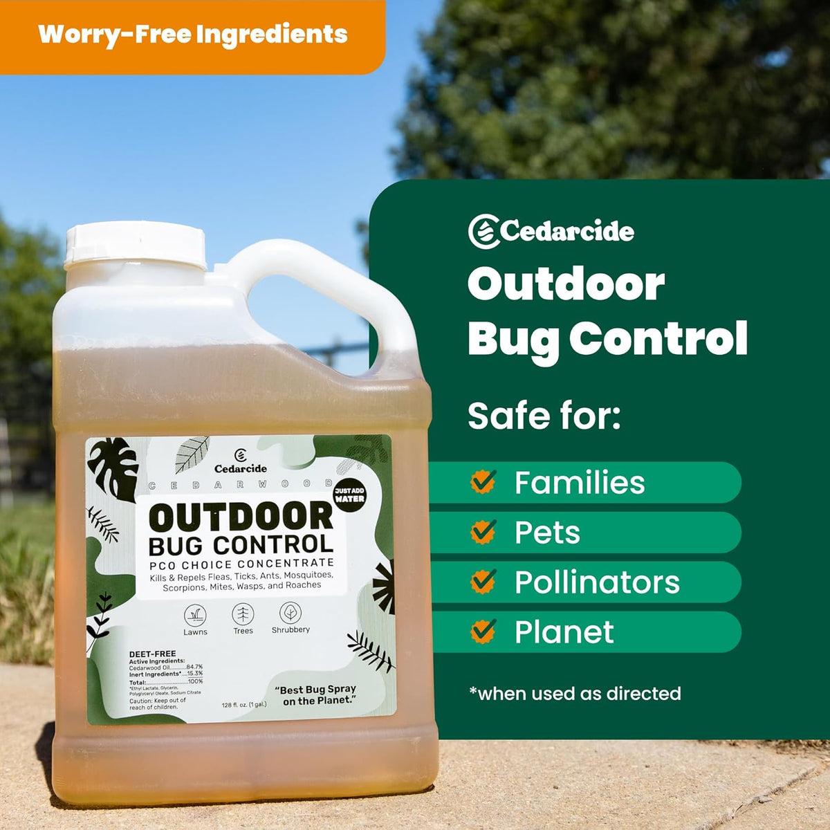 Cedarcide Outdoor Bug Spray | Kills & Repels Mosquitoes, Ticks, Fleas, Mites & More with Natural Essential Oils | Family & Pet-Safe | PCO Choice | Gallon
