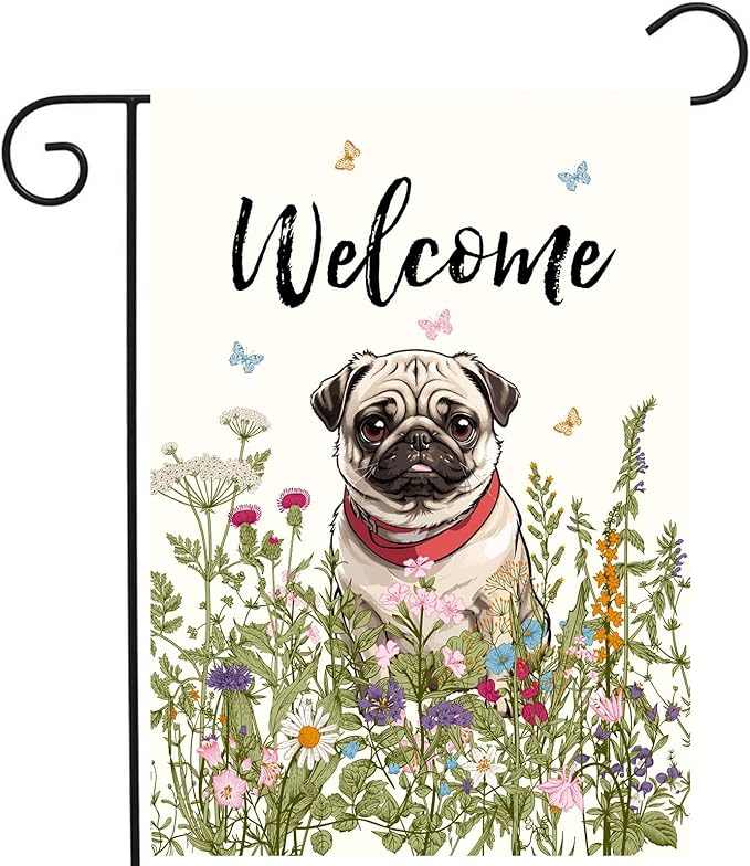 Spring Summer Flower Garden Flag Pug Outdoor Flag Floral Dog Garden Flags for Outside Small Yard Welcome Flags 12x18 Double Sided