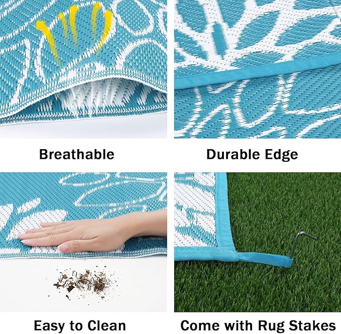 Ileading Reversible Outdoor Rug 8x10Ft Waterproof Patio Rug Carpet Portable Outdoor Plastic Straw Rug Large RV Camping Mat Rug for Patio, Clearance, Deck, Beach, Porch, Camping, Picnic, Teal