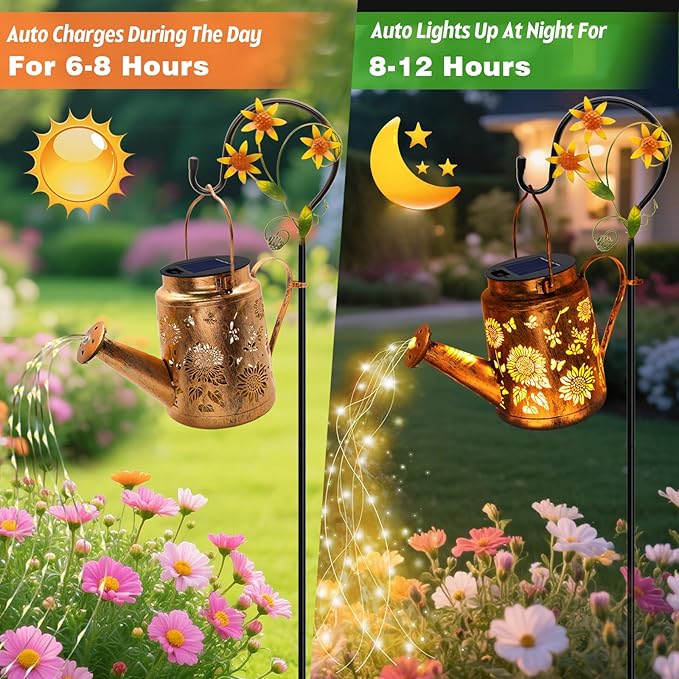 VOOKRY 2 Pack Sunflower Metal Solar Watering Can Lights, Solar Lights Outdoor Waterproof, Gifts for Women Mom Grandma Mother's Day, Hanging Lanterns Decorative Garden Decor for Outside Yard Patio Lawn