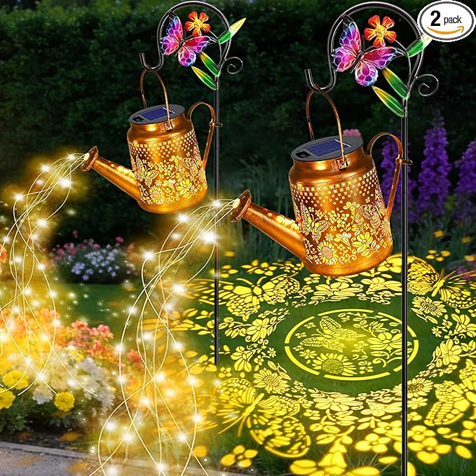 VOOKRY 2 Pack Butterfly Metal Solar Watering Can Lights, Solar Lights Outdoor Waterproof, Gifts for Women Mom Grandma Mother's Day, Hanging Lanterns Decorative Garden Decor for Outside Yard Patio Lawn