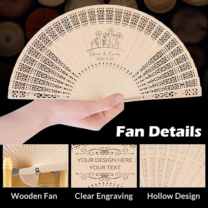 50 PCS Custom Fans Personalized Folding Fans for Line Dancing Wooden Hand Fan Wedding Favors Bulk Fans for Guests Party Event Use (Style15)