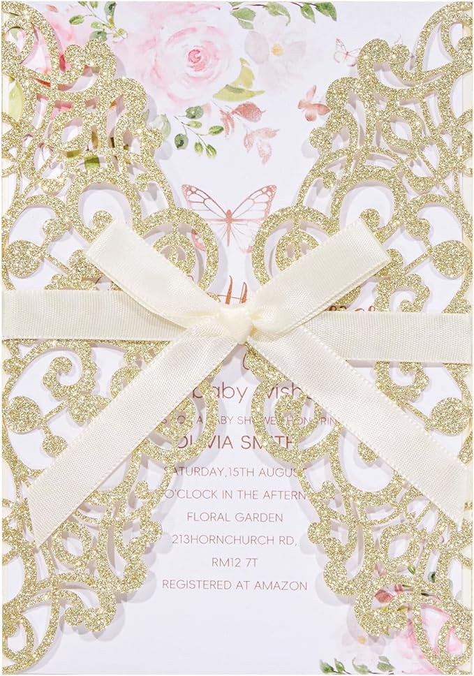 50Pcs Gold Glitter Laser Cut Wedding Invitation with Envelopes RSVP Cards and Ribbons Blank Card Invitaciones Para 15 Años Personalizados Quinceañera Baby Shower Party Invites