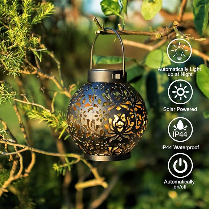 2 Pack Outdoor Solar Hanging Lantern Lights Metal LED Decorative Lamp for Garden Patio Courtyard Lawn and Table with Hollowed-Out Design (Black)