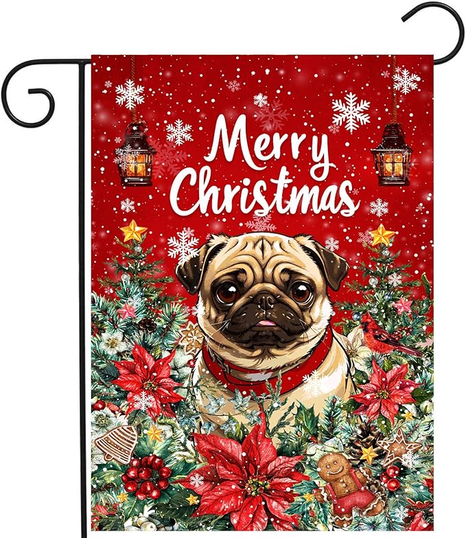 Christmas Pug Garden Flag Merry Christmas Dog Yard Flag for Outside Xmas Flags 12x18 Double Sided Red Poinsettia Garden Flags Winter Porch Decorations Outdoor