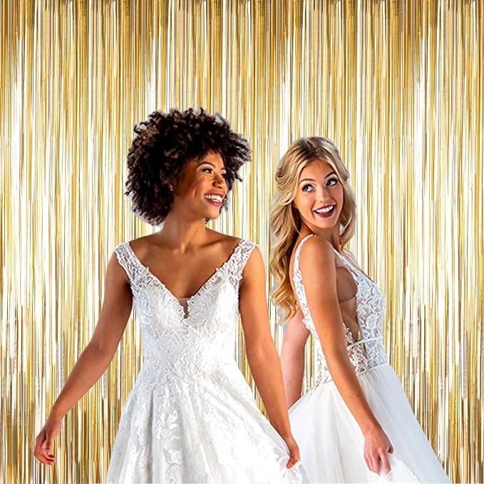 4 Pack Champagne Gold Foil Fringe Curtain Backdrop, 3.28Ft x 8.2Ft Metallic Tinsel Streamer Curtains for Party, Photo Booth Props, Birthday, Graduation Decoration Party Supplies