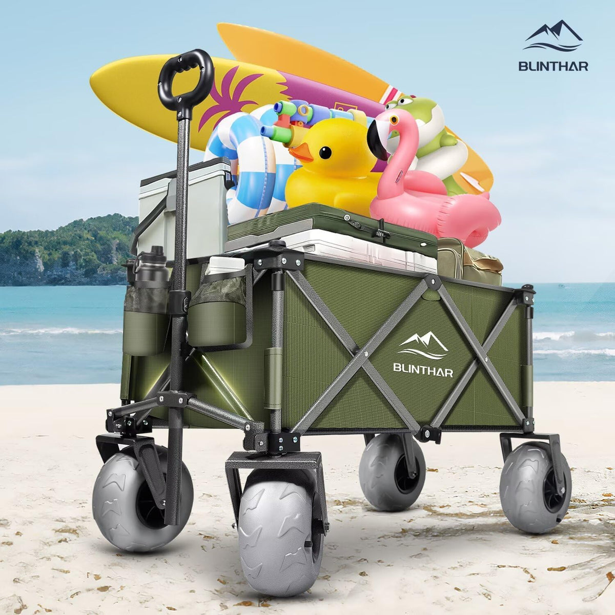 Beach Wagon with Big Wheels for Sand, Heavy Duty Harder Sand Collapsible Folding Wagon with All-Terrain 9" Pneumatic Ballon Tires, Utility Wagon for Garden Sports Camping Outdoor Activities