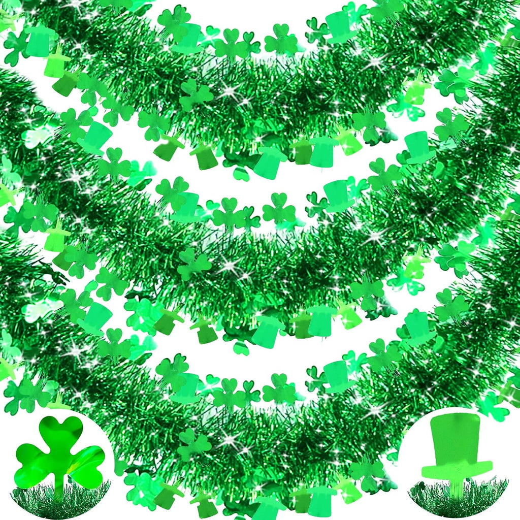TURNMEON 3 Pack Total 49.2 Ft St.Patrick's Day Tinsel Garlands Decorations DIY Shamrocks Wreath for Front Door Irish Leprechaun Hat St.Patrick's Day Decorations Outdoor Indoor Home,16.4Ft by 4.3" Each