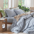 MooMee Bedding Duvet Cover Set 100% Washed Cotton Linen Like Textured Breathable Durable Soft Comfy (Heathered Cornflower Blue, Full 80"x90")