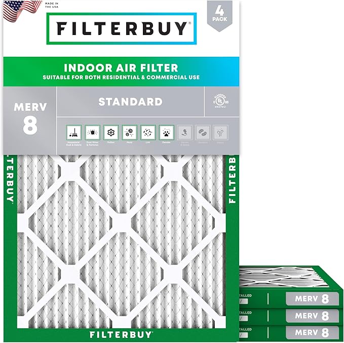 Filterbuy 11.88x16.88x1 Air Filter MERV 8 Essential Dust & Allergy Defense (4-Pack), Electrostatic Pleated HVAC AC Furnace Filters Replacement, Made in USA (Actual Size: 11.88 x 16.88 x 0.75)