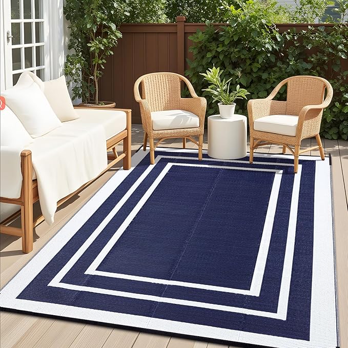 OLANLY Outdoor Rug 9x12 ft Waterproof, Reversible Outdoor Plastic Straw Rug, RV Mat, Indoor Outdoor Carpet Clearance for Patio, Camping, Balcony, Deck, Backyard, Navy & White